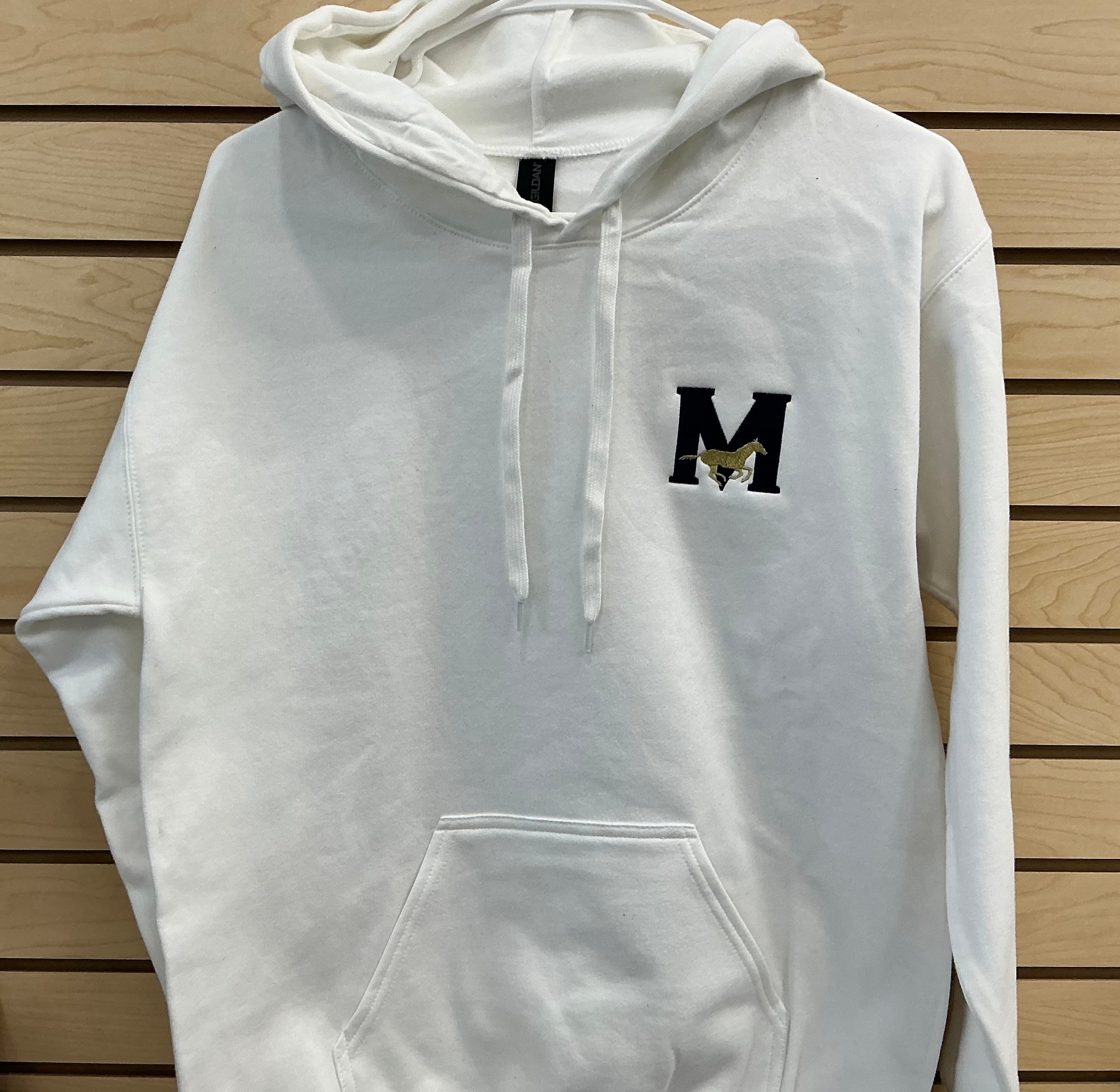 Gildan Soft Style White Hooded Sweatshirt M w/Mustang