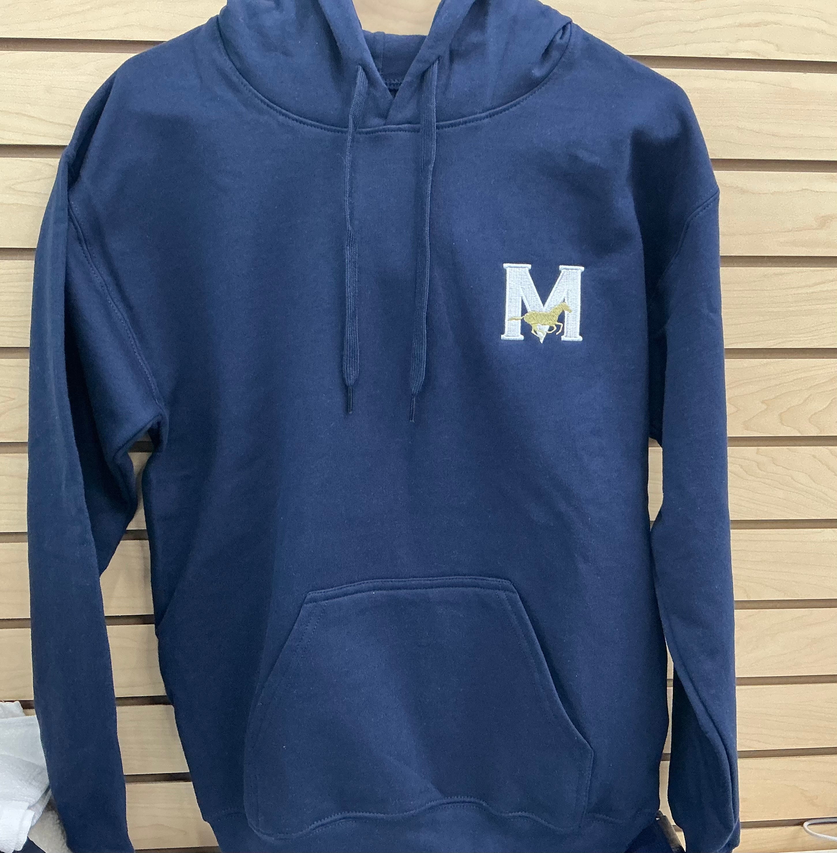Gildan Soft Style Navy Hooded Sweatshirt M w/Mustang