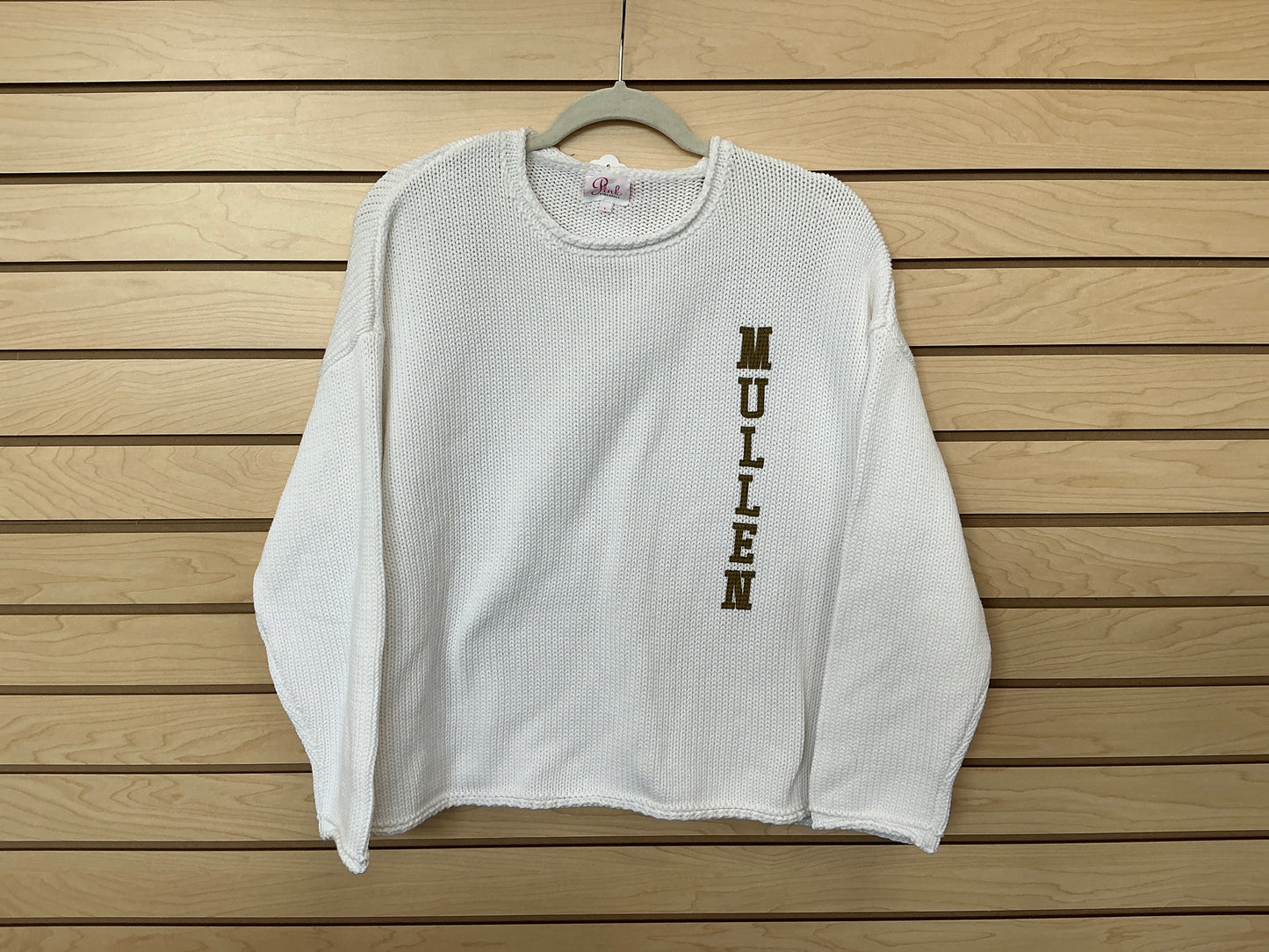 Pink Pineapple White Sweater with Gold Mullen Logo