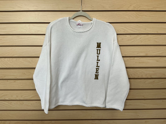 Pink Pineapple White Sweater with Gold Mullen Logo